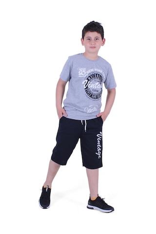 Fyk Kids Custom Yazı Baskılı Erkek Çocuk Yazlık Takım Melanj Gri