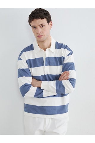 Lcw Vision Mavi Polo Yaka Çizgili Erkek Sweatshirt