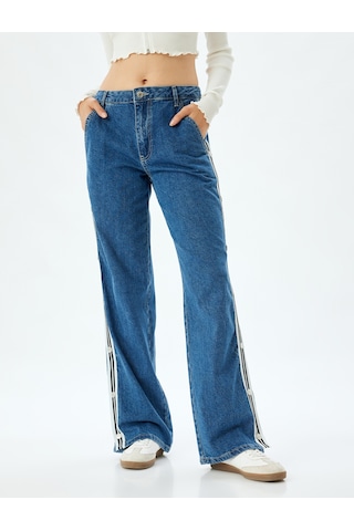 Koton Düz Paça Kot Pantolon Şerit Detaylı Düğmeli Normal Bel Pamuklu - Longer Straight Jeans Koyu İndigo 5wal40159md Koyu İndigo