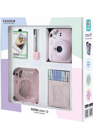Fujifilm Instax Mini 12 Fotoğraf Makinesi + 10'lu Film + Simli Pleksi Kılıf + Mandal + Kıskaçlı Standı Pembe