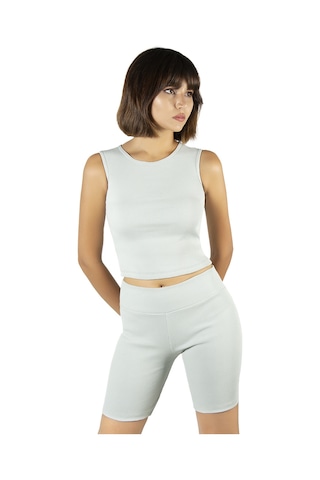 Terapi Men Çağla Yeşili Fitted/vücuda Oturan Crop Halter Yaka Fitilli Esnek Örme Bluz Atlet Çağla Yeşili