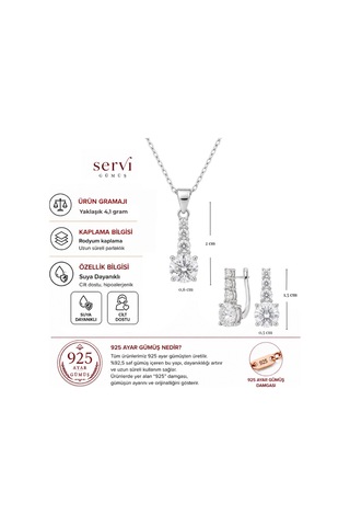 Servi 925 Ayar Gümüş Üç Taş Detaylı Tektaş Kolye Ve Küpe Seti-334