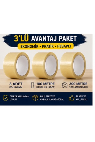 3'lü Koli Bandı 45 Mm X 100 Metre Şeffaf Paketleme Ve Kargo Bandı