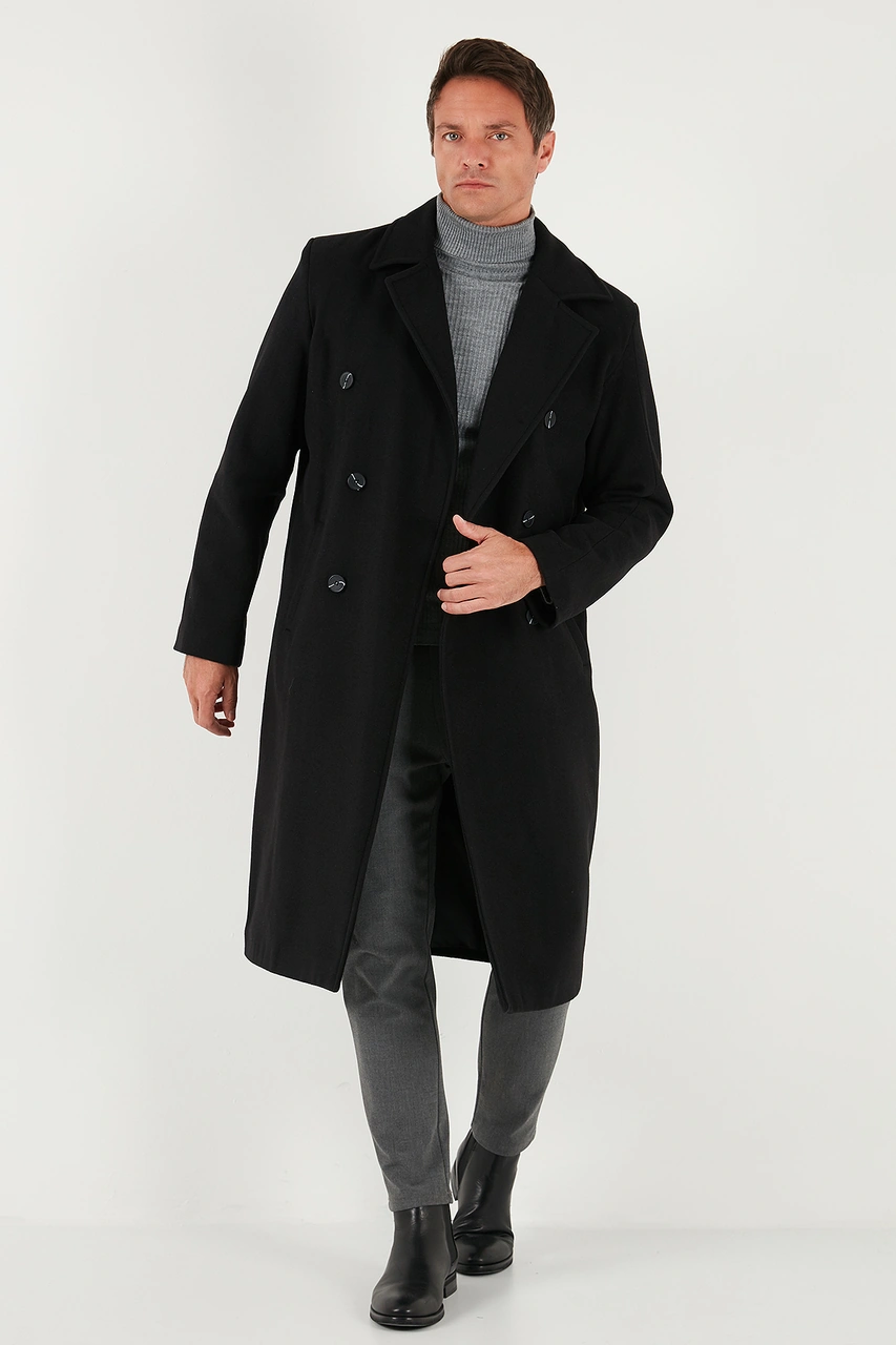 Buratti Loose Fit Kruvaze Yaka Uzun Astarlı Kaşe Erkek Kaban 681003 Siyah