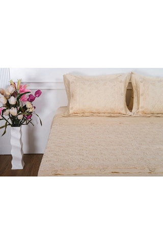 Gülfem Pamuk Bej Baskılı Bej Yatak Örtüsü Seti Çift Kiş. 6 Parça 260x70 Cm 1465 Bej