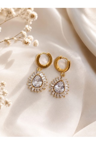 Cm Jewelry Zirkon Taşlı Damla Sallantılı Gold Çelik Küpe Altın