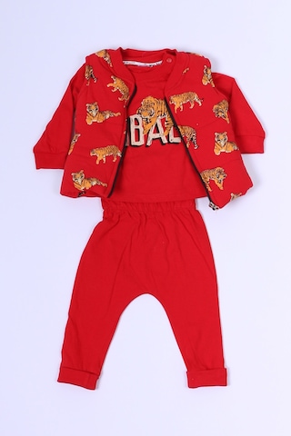 Erkek Bebek 3 Lü Takım 3 İplik Yelekli Kaplan Baskılı Fermuarlı C57 Kırmızı