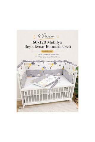 60x120 Mobilya Beşik Kenar Koruma Seti - 4 Parça Rüya Serisi Gri Fırfırlı
