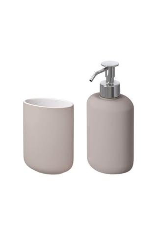 2 Li Banyo Seti Ekoln Sıvı Sabunluk Diş Fırçalık Bej Renk Stoneware Bej