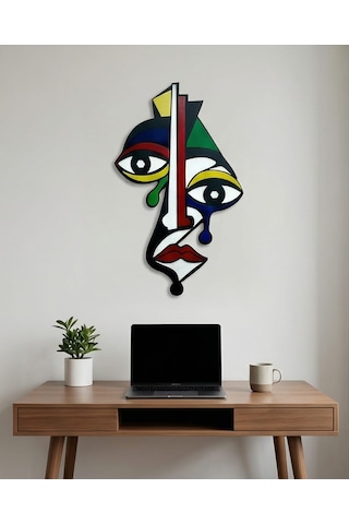 Picasso Tarzı Renkli Ahşap Duvar Mask Mdf - Soyut Yüz Duvar Sanatı. 1