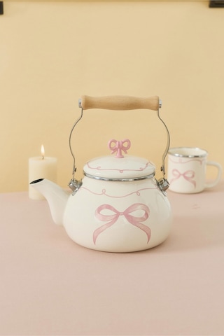 Rebel Bow Kurdele Desenli Emaye Vintage Kettle Fildişi