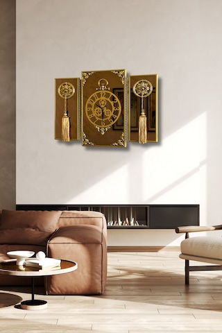 3lü Gold Dikdörgen Aynalı Çerçeveli Püsküllü Duvar Saati Takımı, Wall Clock, Hediye, Ms38-1