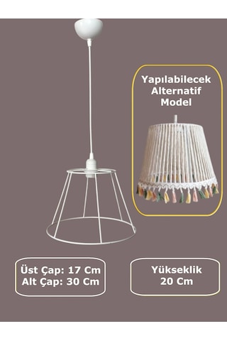 Konik Avize Teli , İskeleti Standart Boy 30x20 Cm Beyaz Statik Boyalı Duy Takımı Dahil Beyaz