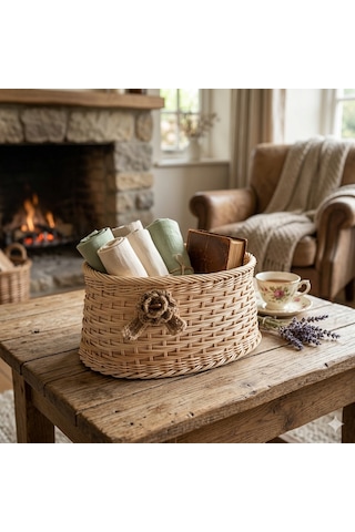 Handanrattan El Örgüsü Doğal Rattan Oval Düzenleyici Sepet 20x40x18 Cm