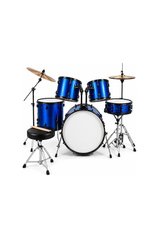 Koyu Mavi 8 Parça Akustik Bateri Seti Yetişkin Tabure Dahil Profesyonel Davul Seti