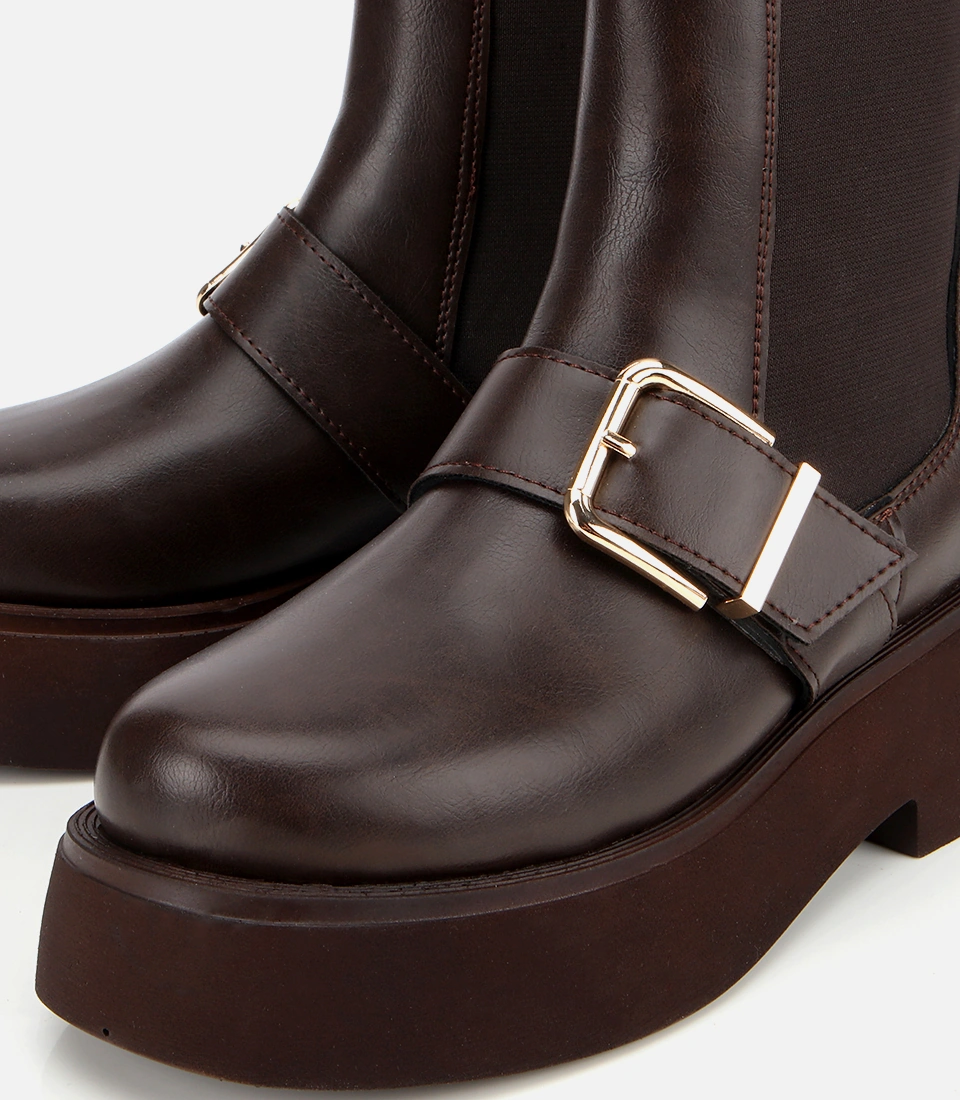 Hotiç Kadın Kahverengi Lastik Detaylı Tokalı Kalın Tabanlı Düz Bot 01boh314870a480 01boh314870a480 Kahverengi