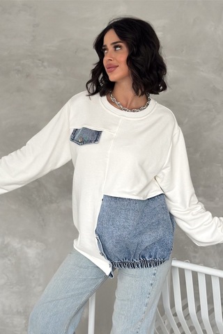 Femelle Kadın Beyaz Kot Detaylı Tasarım Sweatshirt
