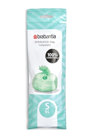 419683 Perfectfit 6l S - Rulo Başına 10 Adet Çöp Torbası, Mısır Nişastası, Beyaz, 16 X 16 X 11 Cm