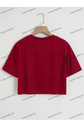 Flood Of Style Crop Ckod-232913 Kalp Desenli Kısa Bordo
