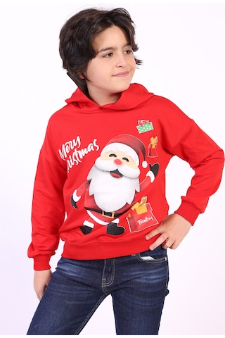 Toontoy Unısex Çocuk Noel Baba Baskılı Sweatshirt Kırmızı