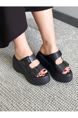 Asmi Shoes Kadın Wera Siyah İki Tokalı Kalın Taban Ortopedik Sandalet&terlik