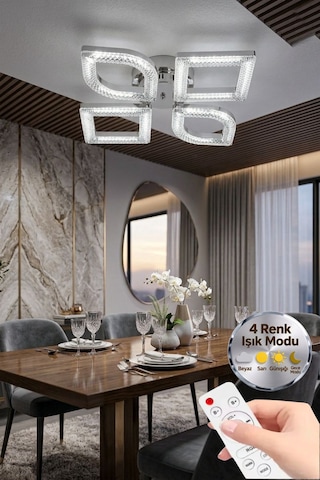 LumiaLighting Vesta Model Gümüş 4"lü Kumandalı Ledli 3 Renk Modu Kristal Salon Mutfak Yatak Çocuk Odası Avize