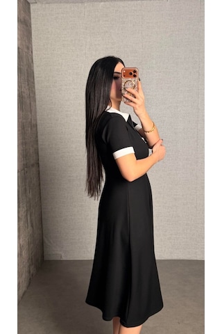 Etiler Collection Kadın Polo Yaka Fermuar Detaylı Modal Midi Elbise Siyah