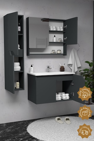 Teta Home Napoli 80 Cm Mdf Banyo Dolabı Seti + Boy Dolabı Antrasit Antrasit