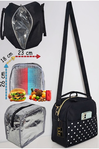 Sıcak, Soğuk Isı Yalıtımlı Termal Termoslu Yemek, Mama, Beslenme, Gıda İçin Askılı Taşıma Çantası Siyah - Beyaz