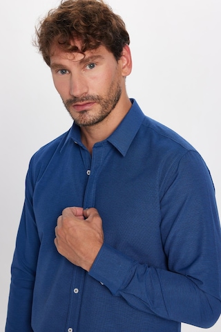 Tudors Modern Slim Fit Uzun Kollu Pamuklu Kolay Ütü Armürlü Erkek Sax Mavi Gömlek-23990 Saks