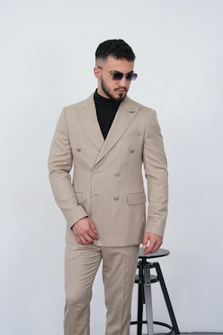 Dupont Classics Dupont Slim Fit Sivri Yaka 6 Drop Çift Yırtmaç Çizgili Viskon Kruvaze Erkek Takım Elbise Koyu Bej