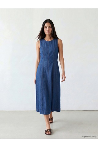 Lcw Modest İndigo Midi Kloş Jean Elbise