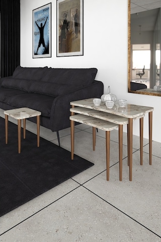 Selena 4Lü Zigon Sehpa Ahşap Ayaklı Salonseti Sehpası Beyaz Mermer