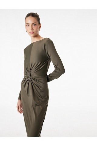 Koton Uzun Kollu Yuvarlak Yaka Midi Boy Drape Detaylı Elbise Haki 6sak80134ek