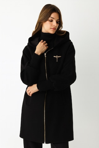 Fermuar Kapamalı Kapişonlu Kaban Siyah Siyah