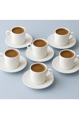 6 Lı Kahve Fıncan Takımı -70 Ml Modern Beyaz Porselen-rölyefli Beyaz