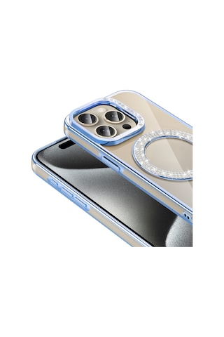 Apple Uyumlu iPhone 15 Pro Kılıf Pırlanta Taş Tasarımlı M-safe Şarj Özellikli Karetta Silikon Kılıf Mavi