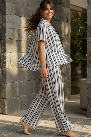 Relax Mode Kadın Mavi Çizgili Gömlek Pijama Takım - 26036r Beyaz