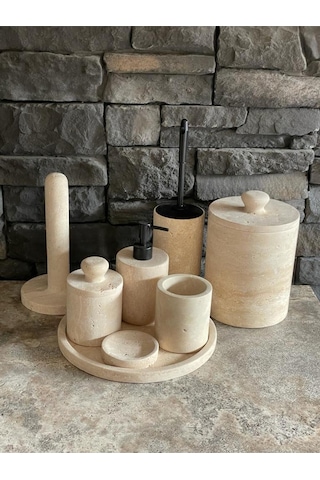 Yeni Traverten 8'li Banyo Seti Kendinden Tutmalı Kapaklar Beyaz