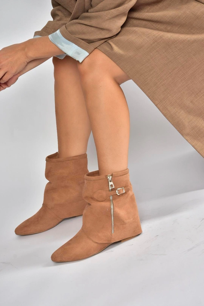 Fox Shoes V380518102 Taba Süet Düz Taban Fermuar Detaylı Kadın Bot Taba-Süet