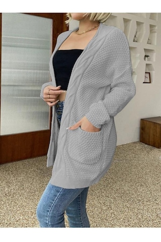 Aqe Fashion Örgü Şeritli Rahat Kalıp Esnek Cepli Kadın Gri Triko Hırka Gri