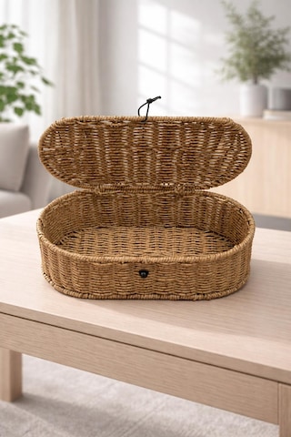 Rattan Kapaklı Oval Organizer Sepet Doğal Hasır Dekoratif Çok Amaçlı Saklama Kutusu Kahverengi