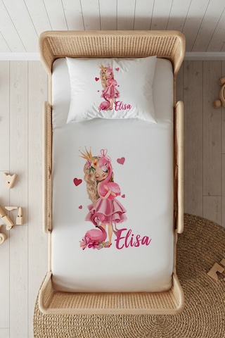 %100 Pamuk Saten İsme Özel İsimli 100x200 Tek Kişilik Lastikli Çarşaf Seti Flamingolu Kız Beyaz