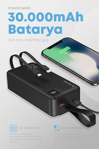 Taşınabilir 30.000 Mah Powerbank 22.5w Pd Hızlı Şarj, Led Gösterge, Android & Apple Uyumlu iOS Siyah