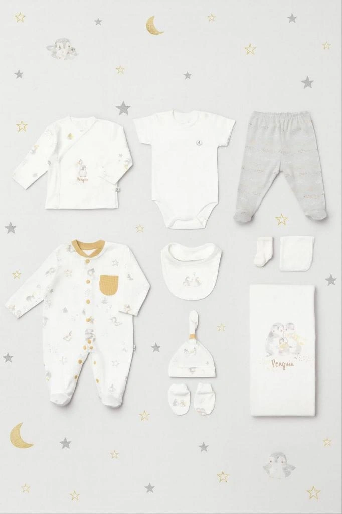 Biorganic %100 Pamuk Penguen Desenli 10 Lu Hastane Çıkış Seti Bior.ekr.63238 Ekru