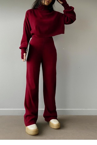 Munora Butik Parmak Geçmeli Yüksek Bel Triko Bordo Takım Bordo Bordo