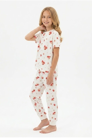 Bunny Hopp Kız Çocuk Pijama Takımı %100 Pamuk Çilek Desenli Yazlık Kısa Kollu Beyaz