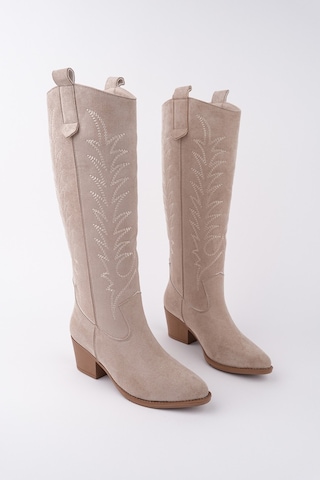 Muggo Texas Sivri Burun Nakışlı Kalın Topuklu Kadın Kovboy Western Çizme Bej Süet