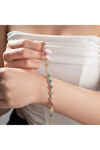 Premium Parlak Altın Renk 8 Mm Çakra Taşlı Çiçek Model Bijuteri Kadın Bileklik 3183kbv6d1 18cm