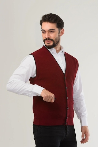 Kamalı Bordo Erkek V Yaka Triko Düğmeli Cepli Çizgi Desenli Regular Fit Tüylenmeyen Örgü Yelek Bordo
